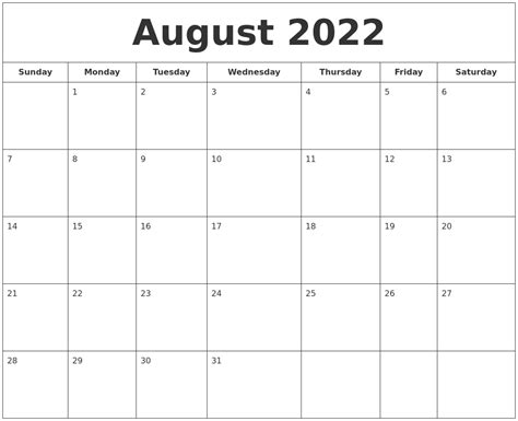 August 22 Calendar Printable