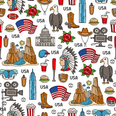 Pattern With Colored Symbols Of United States Of America Stock Vector
