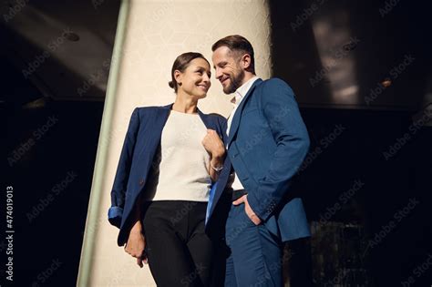 Charming Handsome Babe People Business Partners Colleagues Flirting Together Standing Close