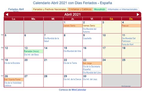 Calendario Abril 2021 Para Imprimir España