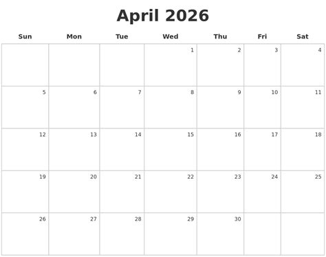 April 2026 Make A Calendar