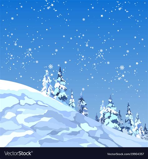 Background Snowy Mountain With Firs And Snowflakes