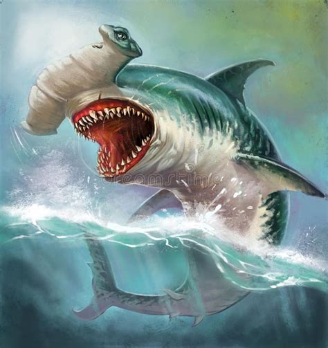 Illustration About Huge Evil Hammerhead Shark On The High Seas Illustration Of Nature March