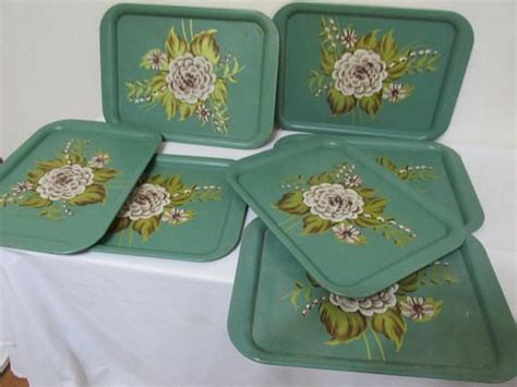 Metal Serving Trays Vintage Set Of 7 Floral Design On Aqua Etsy