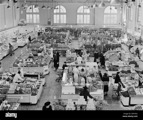 1940s Elevated View Of Grocery Store Aisles Departments Counters From