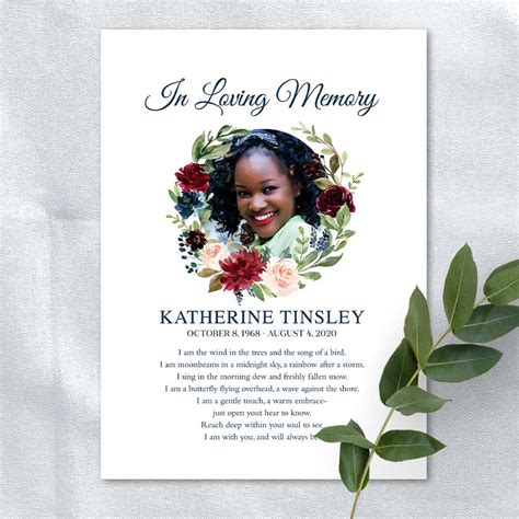 In Loving Memory Card Memorial Tribute Photo And Floral 5 X 7 Memorial