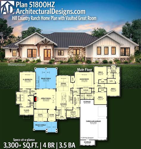 Plan 51800hz Hill Country Ranch Home Plan With Vaulted Great Room