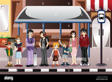 A Vector Illustration Of People Waiting For A Bus In A Bus Stop Stock
