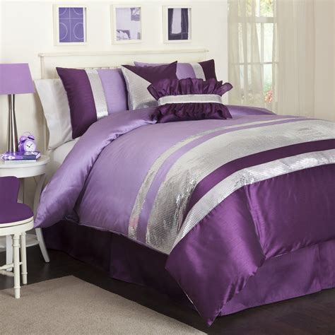 The comforter is light and rather puffy, filled with a down alternative material. Grey and Purple Comforter & Bedding Sets