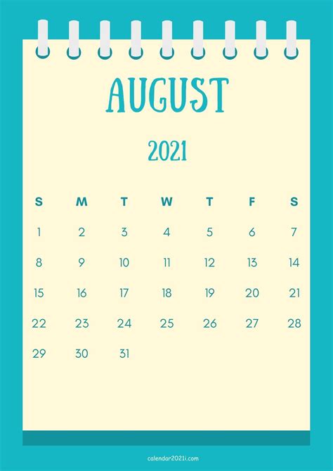 Aesthetic August 2021 Calendar Cute Free Printable August 2021