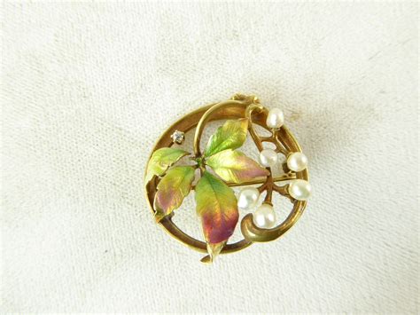 Krementz Art Nouveau Enamel Pearl And Diamond Brooch On 14 Karat From