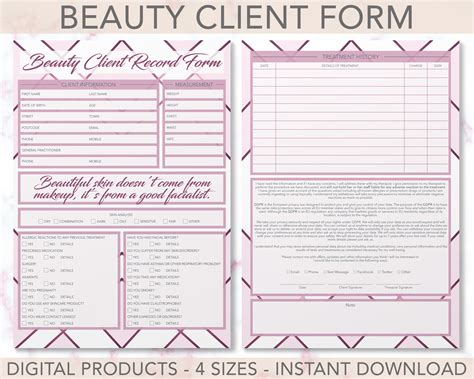 Beauty Client Record Form Consultation Treatment Salon Etsy Uk