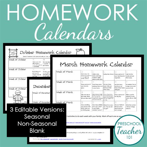 Pt101 Preschool Homework Calendars For Mem Page Preschool Homework