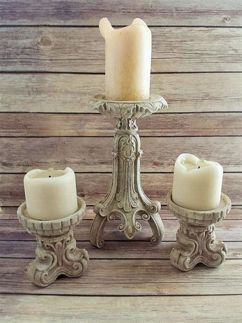 Candle Holders Set Of Three Ornate Pillar Antique White Etsy Candle
