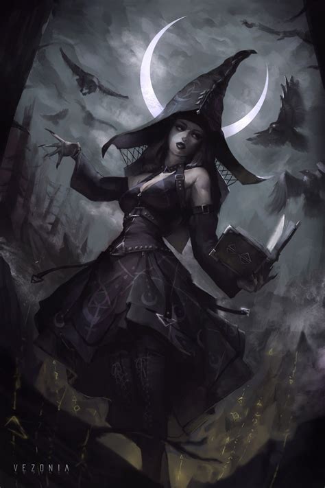 artstation witch under cresent moon vezonia lithium dark fantasy art fantasy witch