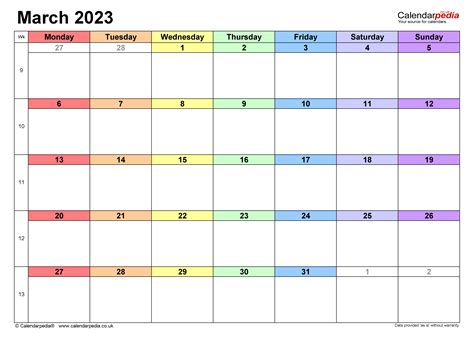 Calendar March 2023 Uk With Excel Word And Pdf Templates
