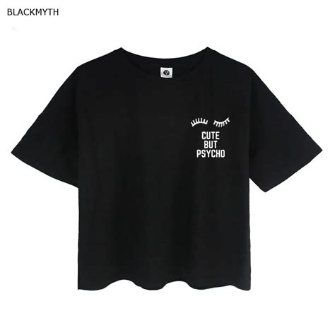 Blackmyth Cute But Psycho Women Letter Print Crop T Shirt Casual Summer Plus Size Tops Short