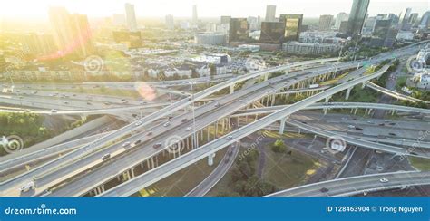 Panoramic Top View Elevated Highway Stack Interchange And Houston