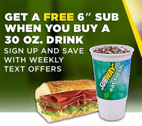 Never miss out with 1 live right now for subway. Subway: FREE 6" Sub when you buy 30 oz Drink (with app ...