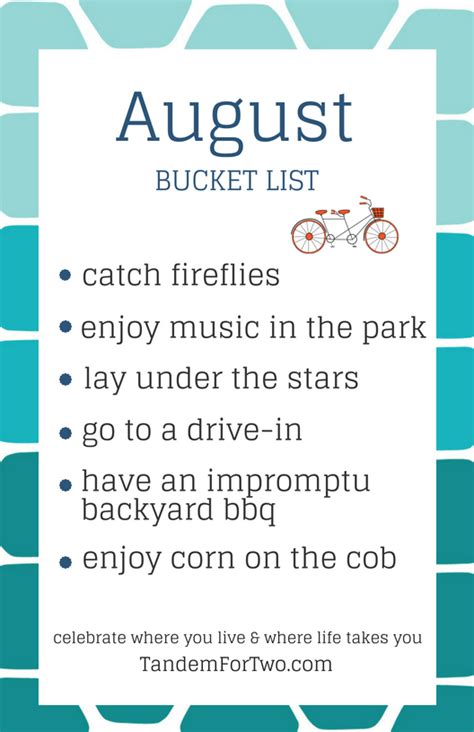 August Bucket List From Tandem For Two August Bucket List Bucket