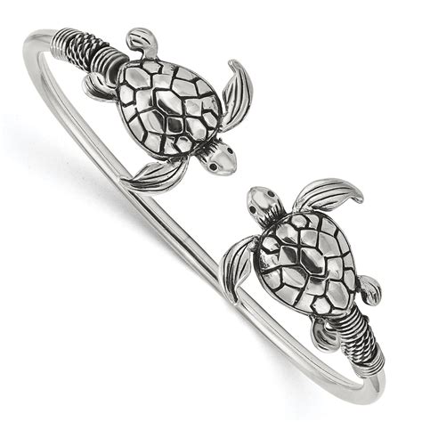Sterling Silver Antiqued Sea Turtle Flexible Bangle Bracelet Sparkle