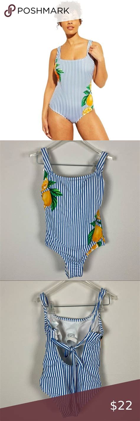 Kona Sol Blue And White Striped Lemon Citrus Fruit One Piece Swimsuit In