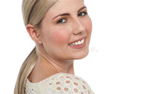 Tight Face Closeup Of Smiling Teen Blonde Girl Stock