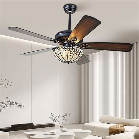 5 Blade Ceiling Fan And Light Kit Included Wood Blades And Crystal Shade