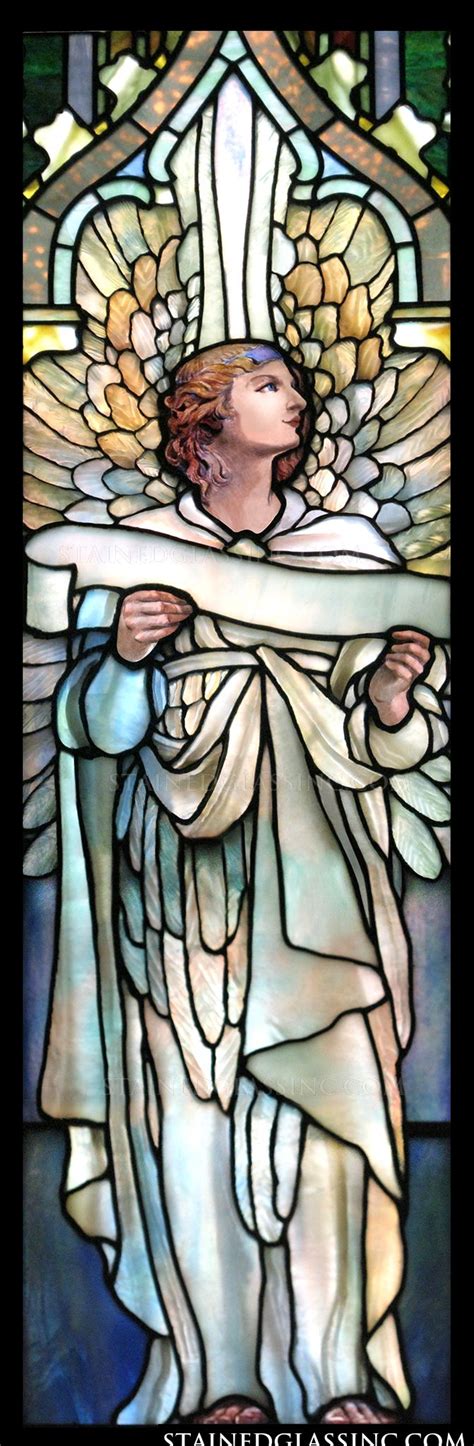 Beautiful Tiffany Angel With Scroll Religious Stained Glass Window