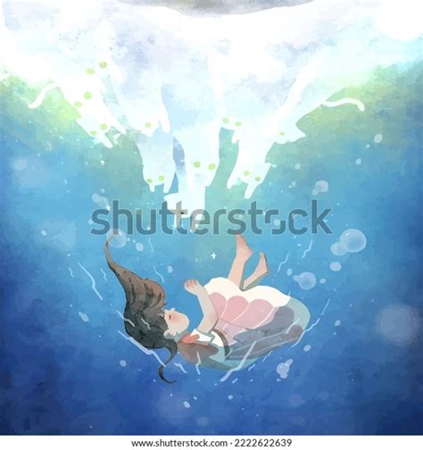 Cute Young Anime Girl Drowning Deep Stock Illustration 2222622639