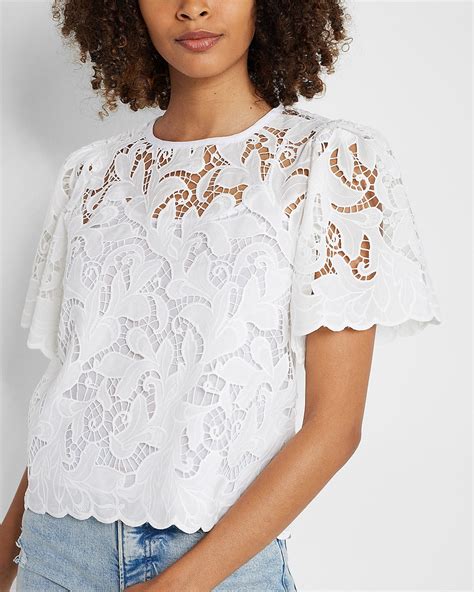 Express Lace Short Sleeve Scalloped Hem Top In White Express Style