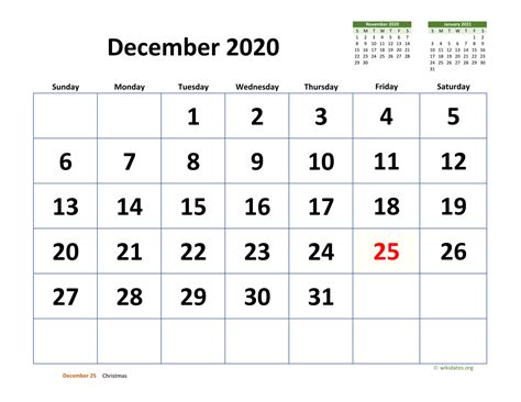 December 2020 Calendar With Extra Large Dates