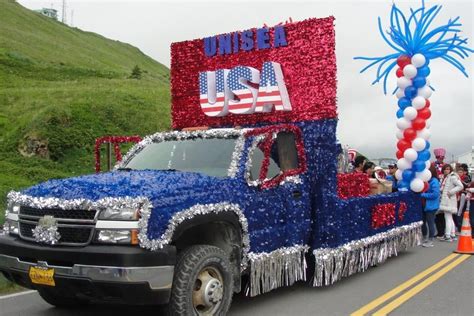 A Large Truck Decorated With Red White And Blue Decorations