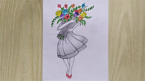 How To Draw A Girl Holding Flower Bouquet Easy Drawing For Beginners