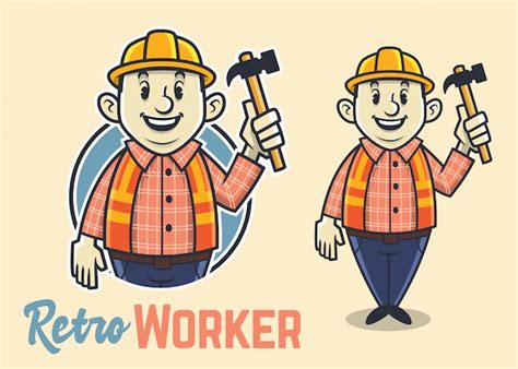Premium Vector Retro Fat Construction Worker Character Vintage