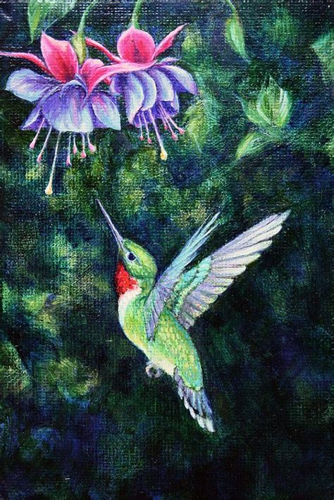 Original Small Oil Painting Of Ruby Throated Hummingbird With Fusha