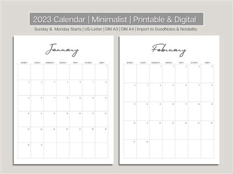 2023 Minimalist Printable Calendar Monthly A4a3us Letter Etsy