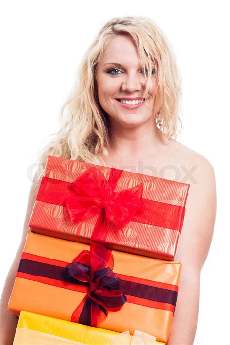 glücklich nackte Frau mit Geschenken Stock Bild Colourbox
