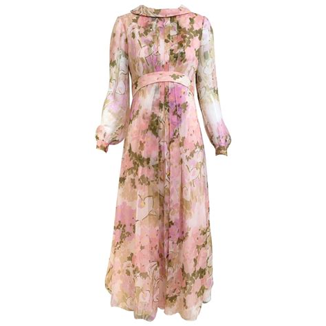 1970s Pink Floral Print Silk Chiffon Long Sleeve Maxi Dress For Sale At