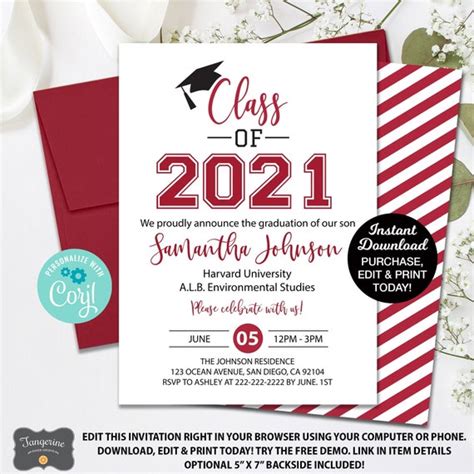 Graduation Invitation Graduation Announcement Class Of 2021