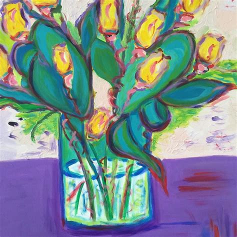 Yellow Roses In A Vase Acrylic On Canvas 24 X 36 2015 Rose