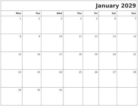 January 2029 Printable Blank Calendar