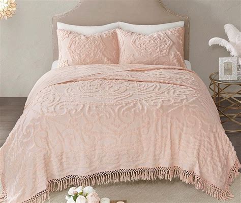 Tufted Blush Pink Chenille Medallion Quilt Set Hot Pink Bedroom Decor Hot Pink Bedrooms