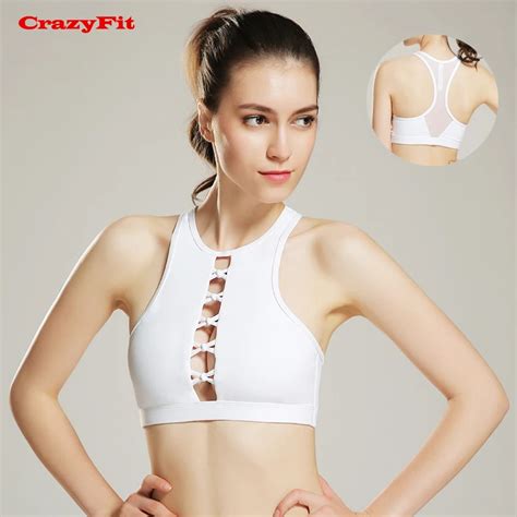 Crazyfit Women Sexy Sports Bra Mesh Hollow Out Running Yoga Fitness Push Up Padded White Gym