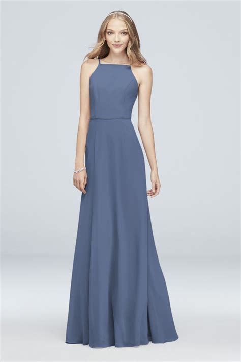 Chiffon High Neck Bridesmaid Dress Style F Steel Blue In High Neck Bridesmaid