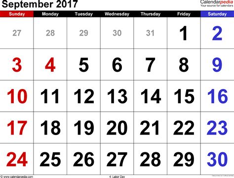 Ona je završila i počela s nedjelja. September 2017 Calendars for Word, Excel & PDF