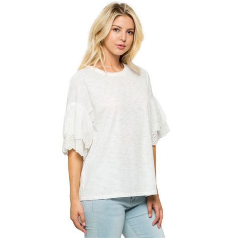 Womens Eyelet Ruffle Sleeve Top