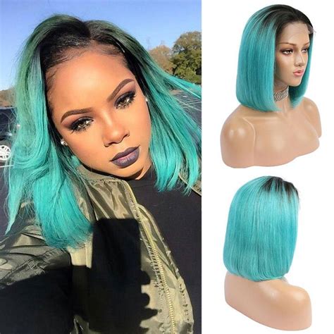 Blue Ombre Bob Lace Front Wig 1b Blue Colored Short Human Hair Wigs S