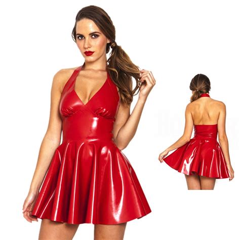 Red Black Shiny Wet Look Faux Leather Mini Dress Pvc Latex Dress Halter