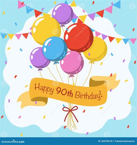 Happy 90th Birthday Colorful Vector Illustration Greeting Card Stock